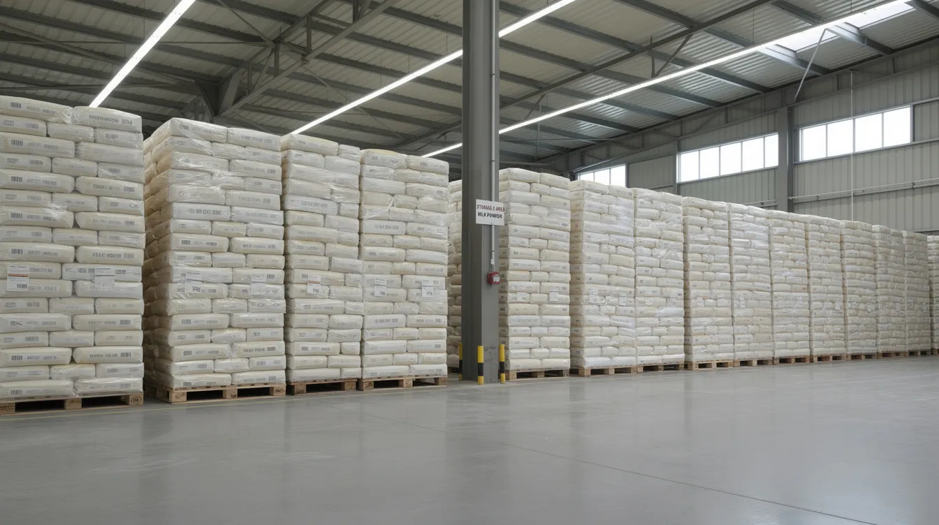 The image shows stacked bags of milk powder neatly organized in a large industrial warehouse, highlighting the scale of operations in the milk powder manufacturing business. This setup is essential for efficient inventory management in the dairy industry, supporting the production and distribution of various dairy products.