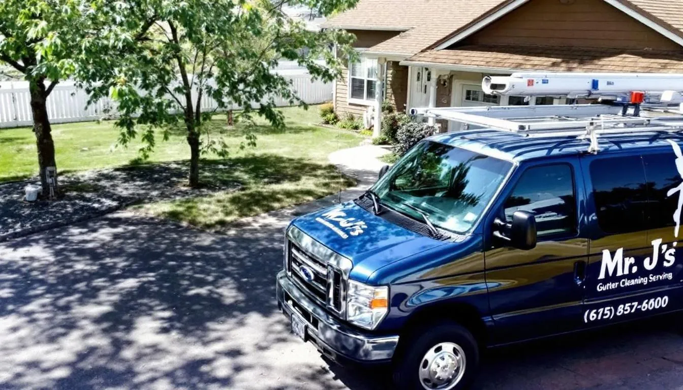 A professional gutter cleaning service truck labeled "Mr. J's" is parked outside a residential home in Pueblo, CO. The truck signifies quality gutter cleaning services aimed at preventing clogged gutters and costly repairs for homeowners.