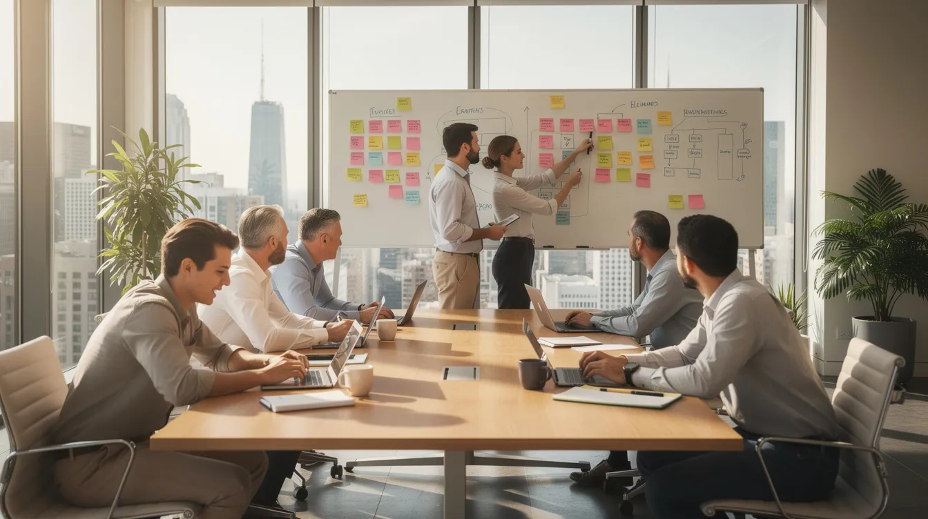 Une image d'un bureau moderne où une équipe diversifiée collabore autour d'une table, utilisant des ordinateurs portables et des tableaux blancs. Cette scène illustre l'importance de la collaboration et du développement des compétences managériales dans un environnement de travail dynamique.