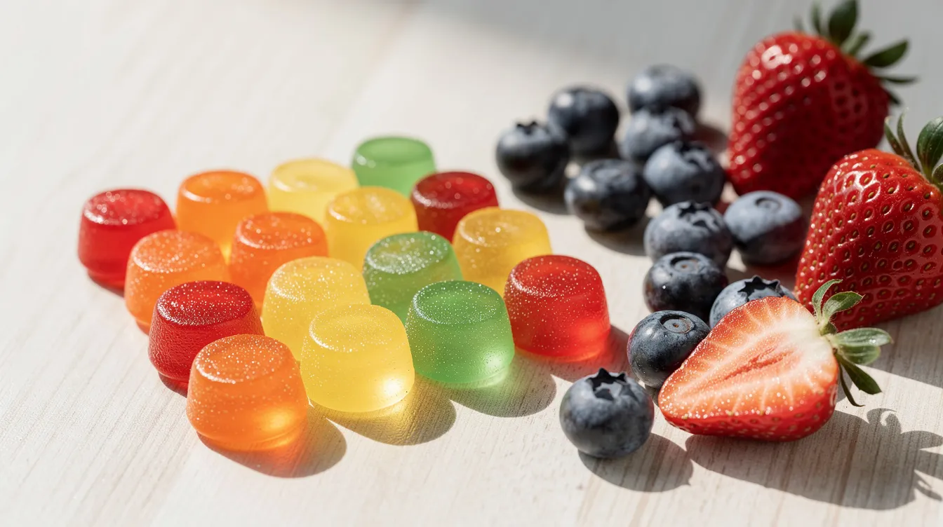 The image features an assortment of colorful gummy supplements, including lion's mane and reishi mushroom gummies, beautifully arranged on a light wooden surface. Fresh blueberries and strawberries are placed nearby, highlighting the delicious and healthy nature of these gluten-free gummies, which are known for their potential health benefits and great taste.