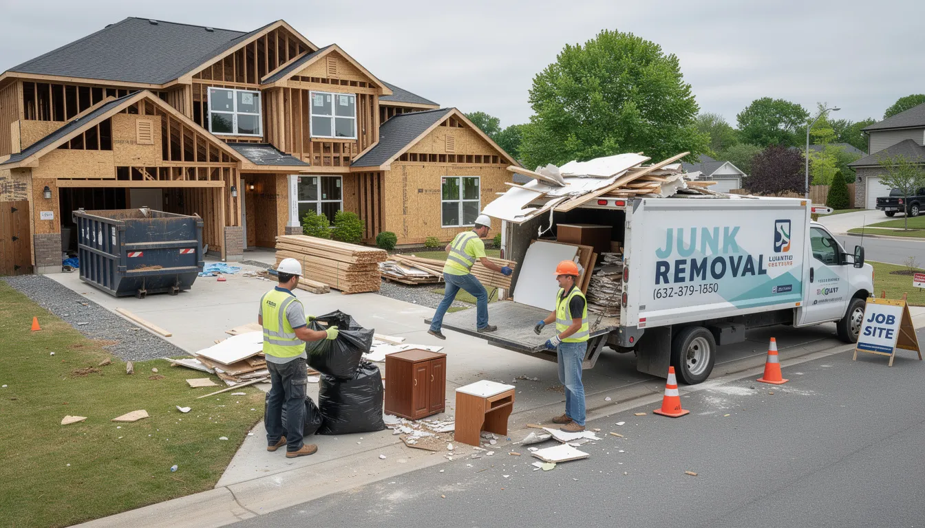 A professional junk removal truck is parked at a residential construction site where workers are efficiently loading construction debris, including leftover materials like drywall and wood, into the vehicle. This scene highlights the importance of responsible disposal and efficient debris removal services for ongoing construction projects.