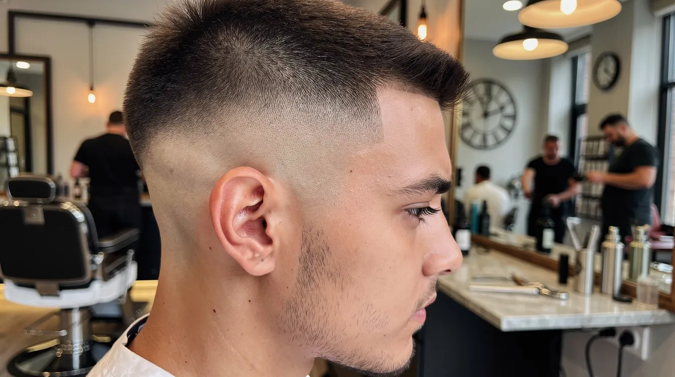 The image shows a side profile of a man in a barbershop, featuring a clean skin fade haircut that accentuates his facial features. His hair is styled upward, showcasing a modern haircut that is ideal for balding men, while his smooth skin complements the overall classic style.