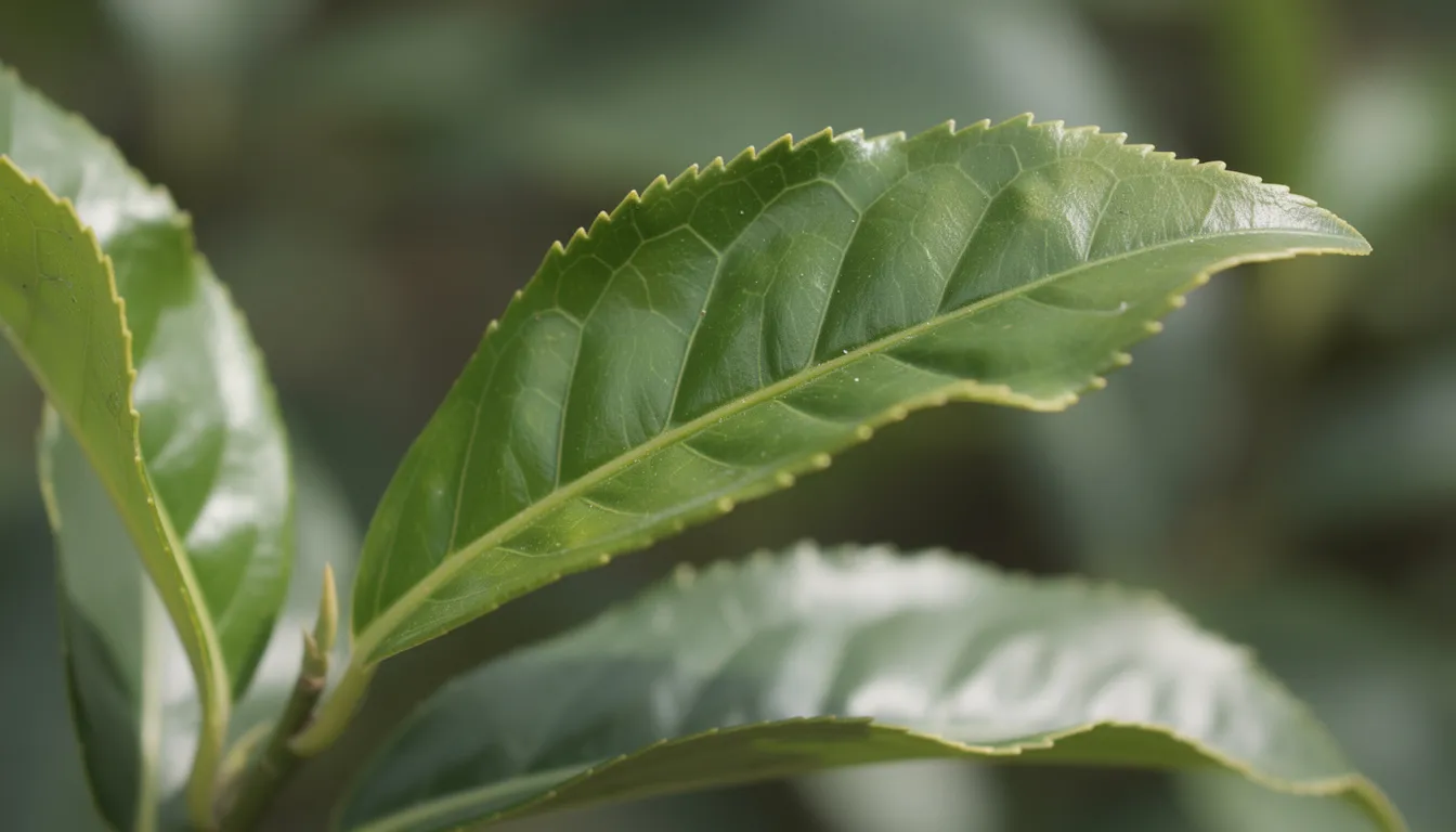 Die Nahaufnahme zeigt die grünen Blätter der Camellia sinensis, die durch ihre charakteristische Sägezahnung auffallen. Diese Teepflanze ist die Grundlage für verschiedene Teesorten wie Matcha und grünen Tee, die für ihre gesundheitlichen Vorteile und ihren einzigartigen Geschmack geschätzt werden.