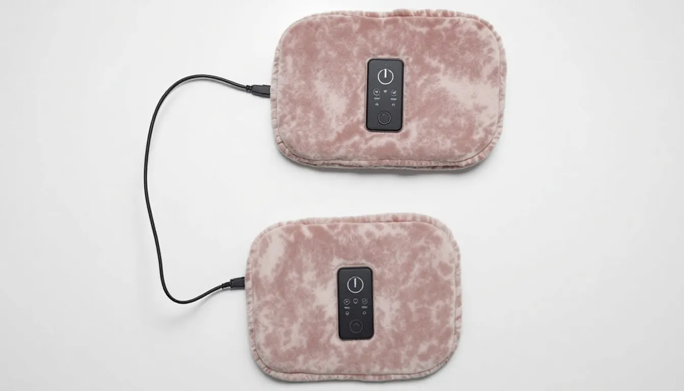 The image features a pair of rechargeable foot warmers designed to keep your feet toasty during cold winter months, showcasing their sleek design and various heat settings. These electric foot warmers are perfect for indoor use, offering comfort and warmth for both men and women while relaxing at home or traveling.