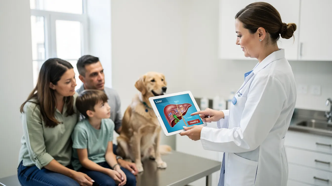 A veterinarian in a white coat is discussing liver health with a family in a bright exam room, pointing to a tablet displaying a diagram of the liver. The conversation may involve the effects of xylitol-containing products, such as sugar-free chewing gum, on a dog's blood sugar and potential liver injury.