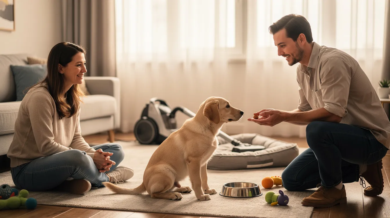 The image depicts a puppy exhibiting signs of fear, such as wide eyes and a tense body posture, while encountering a harmless object like a plastic bag blowing in the wind. This scene illustrates the critical period of puppy development, emphasizing the importance of positive reinforcement training and early socialization during fear periods to help the puppy navigate its emotions.