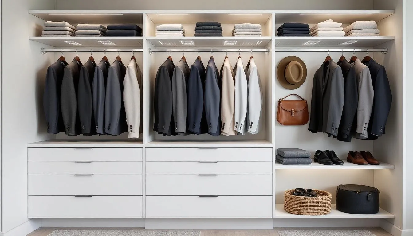 Custom closet organizers filled with neatly arranged items, showcasing storage solutions.