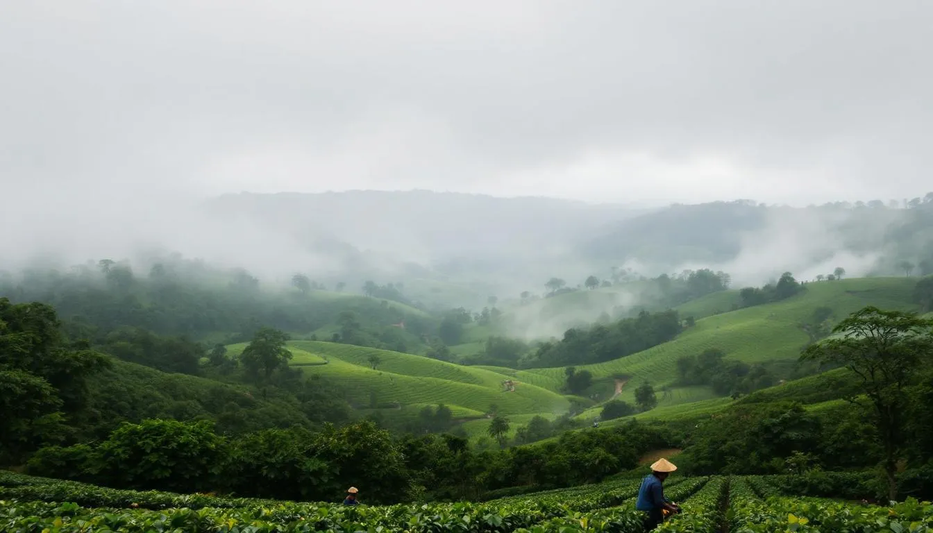 A picturesque coffee plantation landscape featuring lush green valleys and misty hills, capturing the serene beauty of South India. This scenic view highlights the region's natural beauty, making it a perfect destination for nature lovers to visit during long weekends in October.