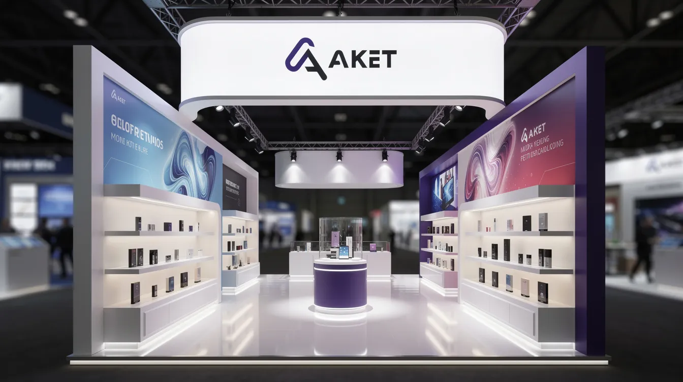 The image depicts a vibrant trade show exhibit featuring layered accent lighting that highlights various products, with a color wash that aligns with the company's brand. This innovative display is designed to attract attention on a crowded show floor, showcasing advanced audiovisual technology and interactive installations to engage attendees effectively.