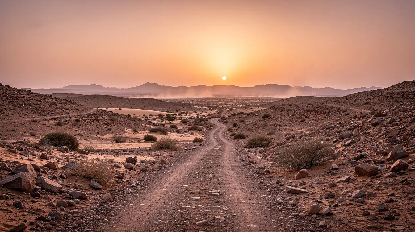 A imagem mostra o deserto de Agafay, em Marrocos, com dunas de areia sob um céu azul claro, onde camelos caminham lentamente. Ao fundo, é possível ver o luxuoso acampamento Agafay, que oferece uma experiência de glamping, rodeado por uma paisagem árida e tranquila.