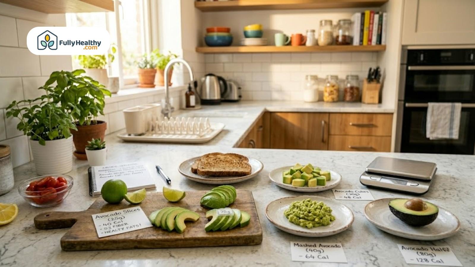 Various avocado portions displayed with calorie labels including slices cubes mashed portions