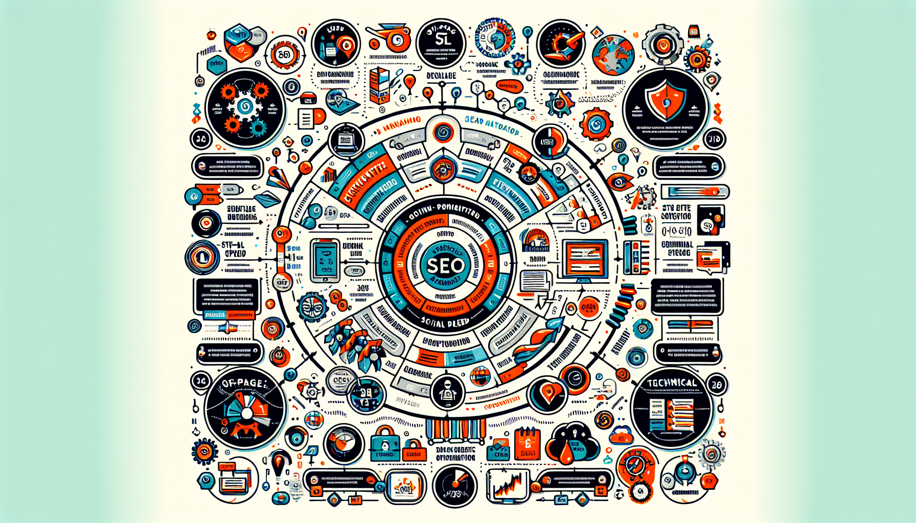 An infographic showing the core components of SEO marketing.