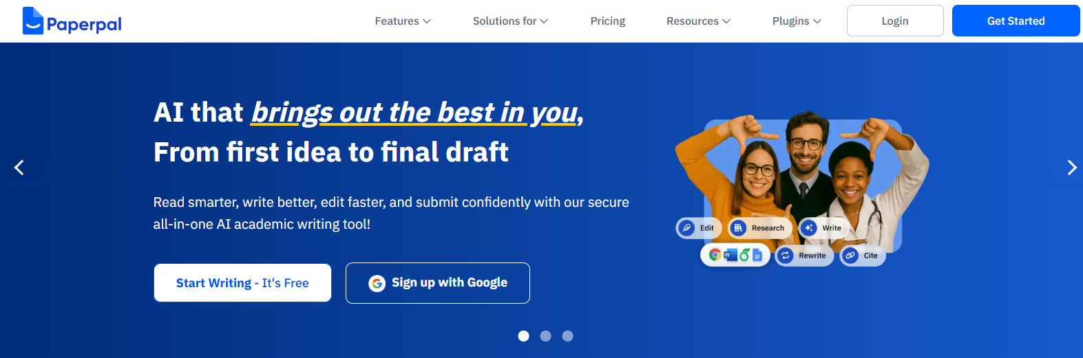 Paperpal AI academic writing platform providing AI-assisted writing, editing, proofreading, plagiarism checking, and research support for students and researchers.