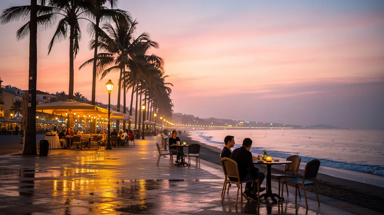 The image depicts a serene beachfront promenade at dusk, lined with palm trees and softly lit cafes, creating a peaceful atmosphere for visitors. The scene captures a mixed crowd enjoying the coastal view, reflecting the melting pot of cultures in Morocco, where traditional values meet modern leisure.