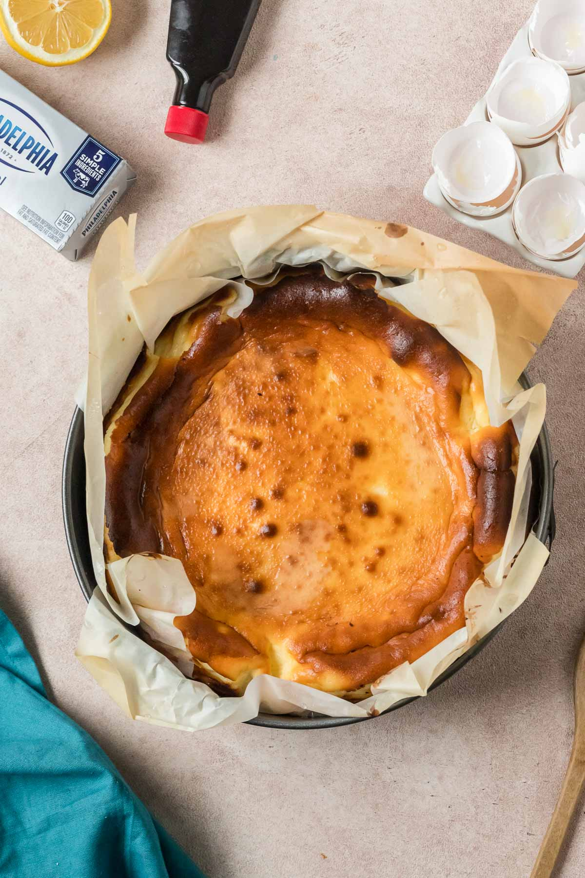 baked San Sebastian cheesecake in pan