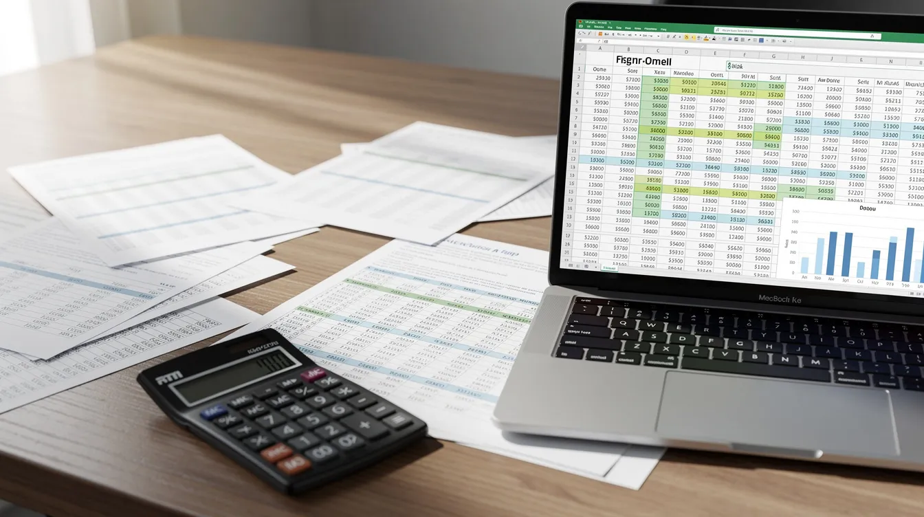 1b3b03bb c95f 4214 992e 5af946826175 The image depicts a desk cluttered with financial documents, a calculator, and a laptop displaying spreadsheet calculations related to a rice mill project report. This setup suggests a focus on analyzing paddy procurement, loan schemes, and working capital requirements for new rice mills.