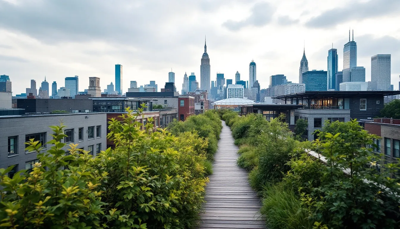 The elevated view of the High Line, showcasing the Manhattan skyline.