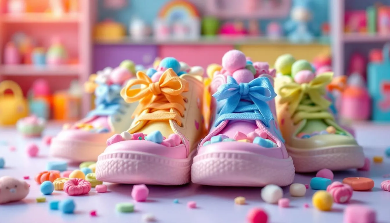 Na zdjęciu znajdują się kolorowe dziecięce buty, wypełnione małymi prezentami i słodyczami, które mogą być idealnym upominkiem na mikołajki. Taki oryginalny prezent na pewno ucieszy każde dziecko i wprowadzi radosny nastrój w świąteczny czas.