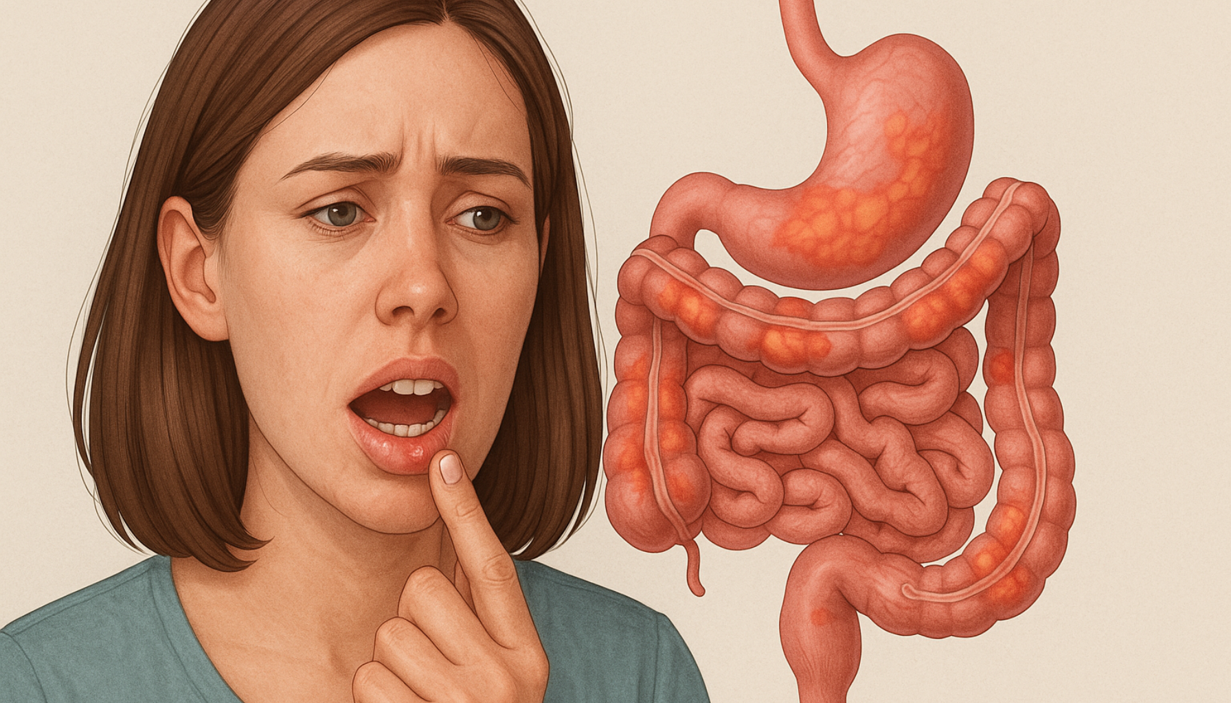Kvinne med munnsår peker på leppen, ved siden av illustrasjon av betente tarmer som viser Crohns sykdom.