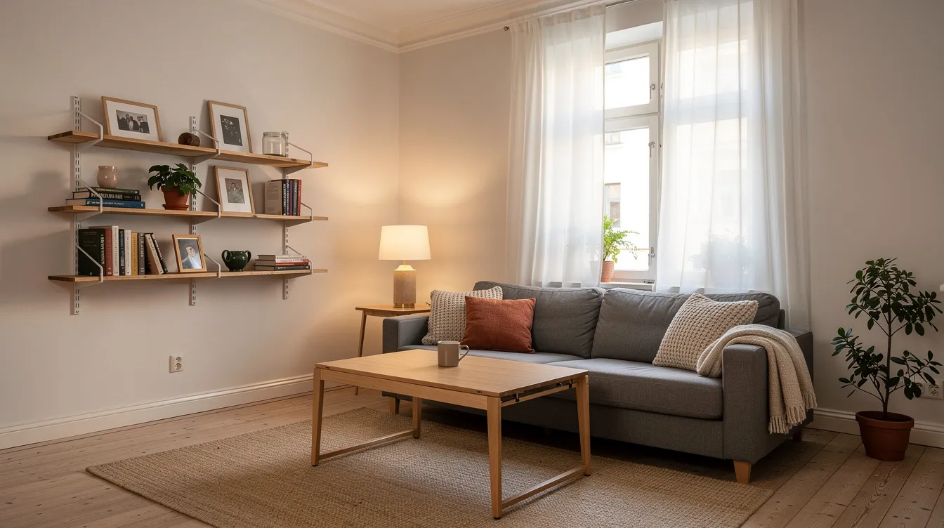 Ett mysigt litet vardagsrum i en stockholmslägenhet med en bäddsoffa, ett hopfällbart bord och väggmonterade hyllor som erbjuder en modern och funktionell inredning. Rummet har en varm atmosfär och är perfekt för avkoppling och sociala stunder.