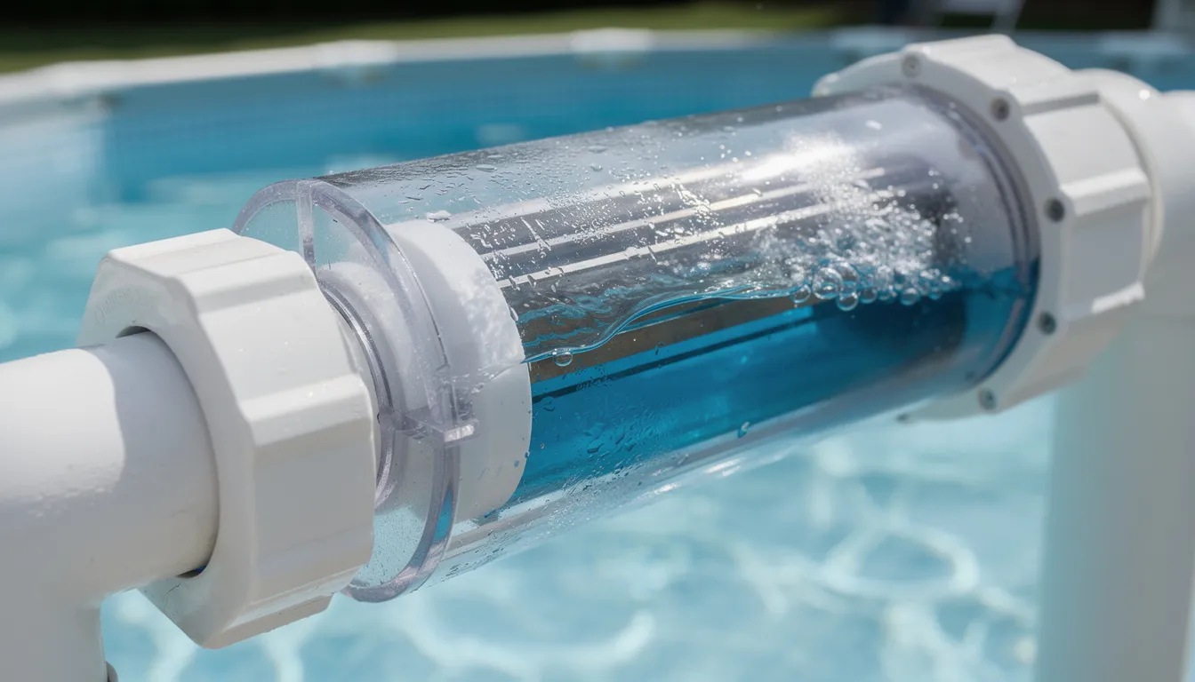 A close-up view of a salt chlorine generator cell is shown, integrated into white PVC plumbing with water flowing through it. This essential pool equipment converts salt into chlorine, contributing to the maintenance of a clean and enjoyable saltwater pool experience.