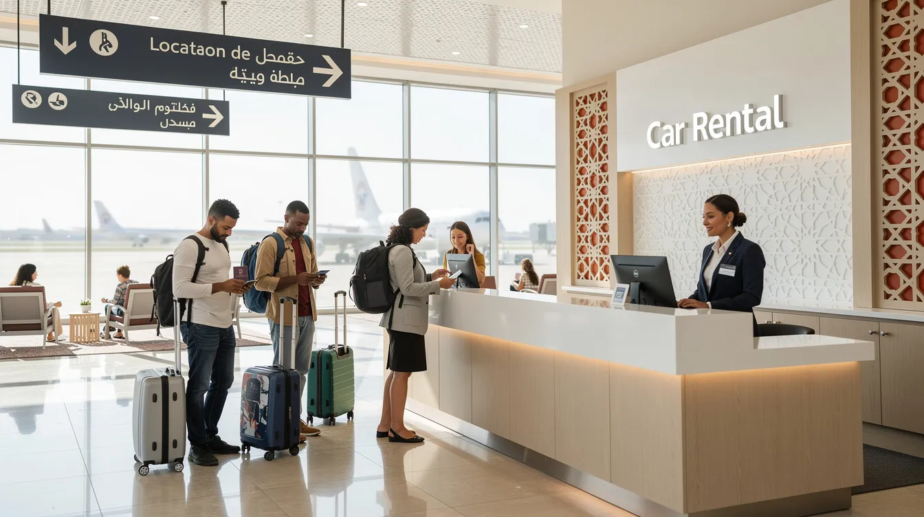 En la imagen se observa un mostrador de alquiler de coches en un moderno terminal de aeropuerto en Marruecos, donde varios viajeros están haciendo cola con su equipaje. Se pueden ver diferentes modelos de vehículos, incluyendo un Toyota Corolla, mientras que empleados ofrecen información sobre tarifas y opciones de alquiler.