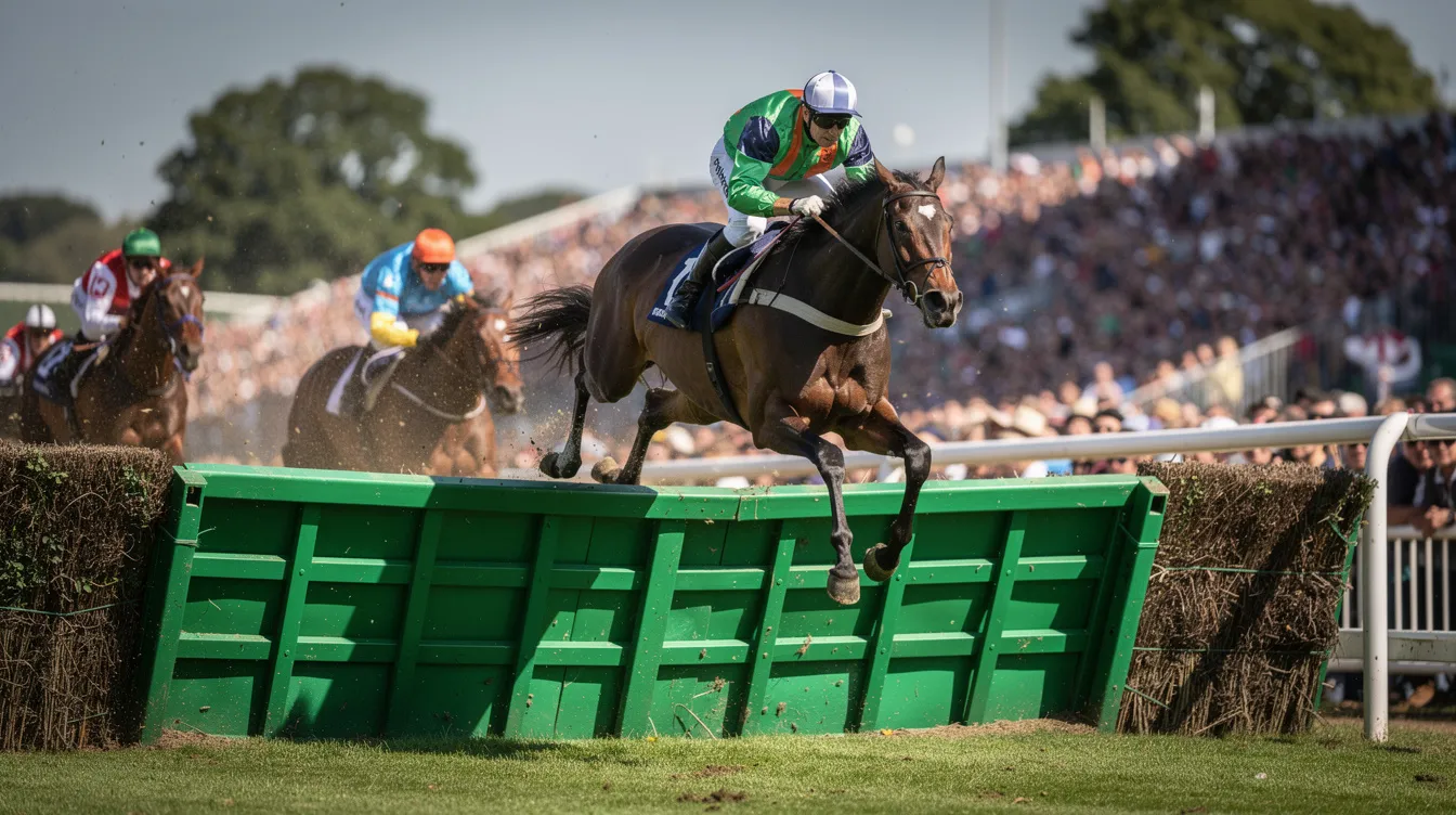 The image captures a thrilling moment in a classic steeplechase, showcasing horses gracefully clearing a large green fence during a race, reminiscent of the grand national events. The scene embodies the excitement and tradition of the sport, highlighting the skill and determination of both the horses and their jockeys.