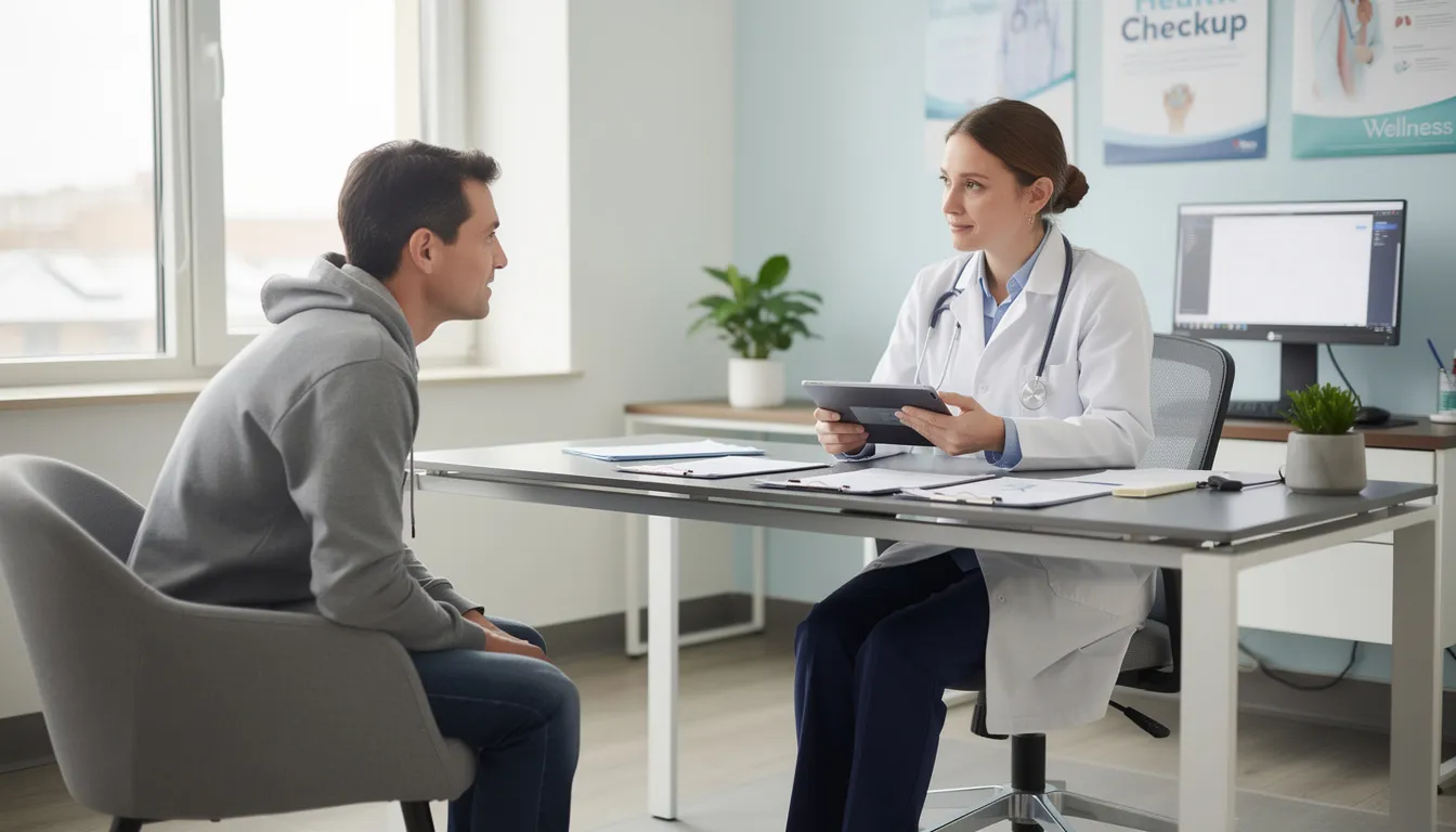 A person is engaged in a consultation with a healthcare provider in a medical office, discussing topics related to metabolic health and the potential benefits of NMN supplementation for improving insulin sensitivity and overall human health. The setting features medical charts and equipment, emphasizing a professional atmosphere for health discussions.