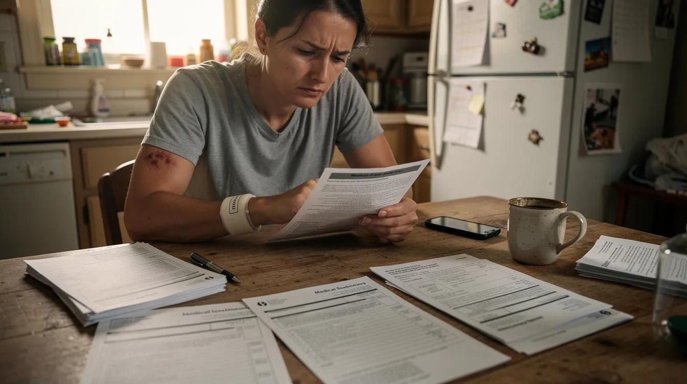 A person is sitting at a kitchen table, carefully reviewing medical paperwork related to serious injuries sustained in a car accident. The documents include medical bills and records, highlighting the importance of legal advice for navigating insurance claims and pursuing fair compensation.
