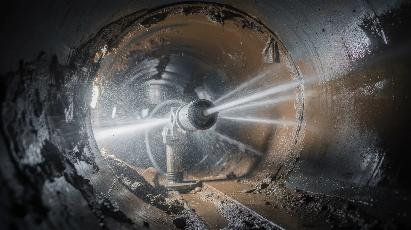 A high-pressure water jetting nozzle is actively clearing stubborn buildup inside a residential sewer pipe, demonstrating an effective drain cleaning process. This specialized equipment is essential for restoring proper flow and addressing common drain issues in plumbing systems.