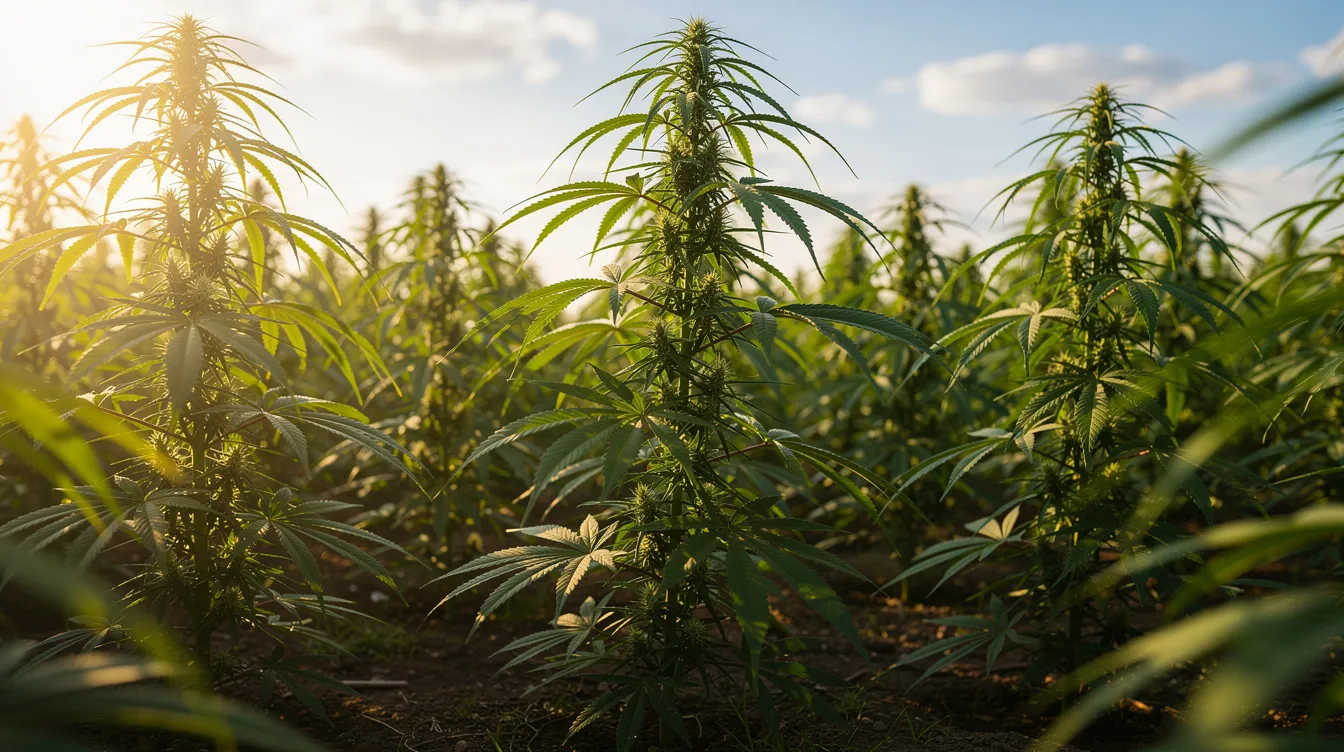 The image depicts a sunlit field filled with tall green hemp plants, characterized by their broad leaves gently swaying in the breeze. This scene highlights the hemp cultivation industry, which plays a significant role in the legal market for hemp-derived products in Massachusetts and beyond.