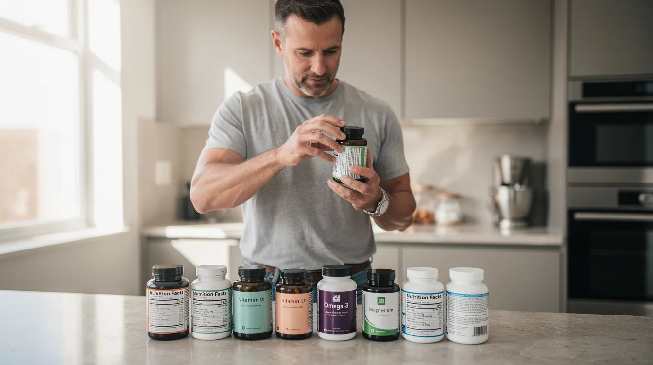 A man is seen at a kitchen counter, meticulously reviewing various supplement bottles and reading their ingredient labels, possibly looking for male enhancement pills or dietary supplements to improve his overall well-being. The scene suggests a focus on health concerns and the importance of understanding active ingredients in relation to erectile dysfunction and blood flow.