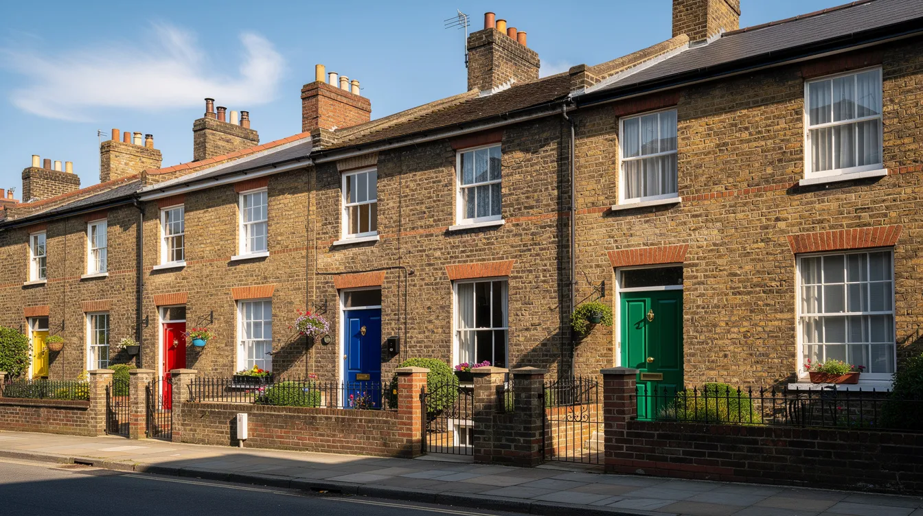 The image depicts a sunny street lined with traditional UK terraced houses, each featuring a unique, brightly coloured front door. These properties, often assessed for their energy performance certificate (EPC) ratings, highlight the importance of energy efficiency in reducing energy bills and improving a home's energy efficiency.