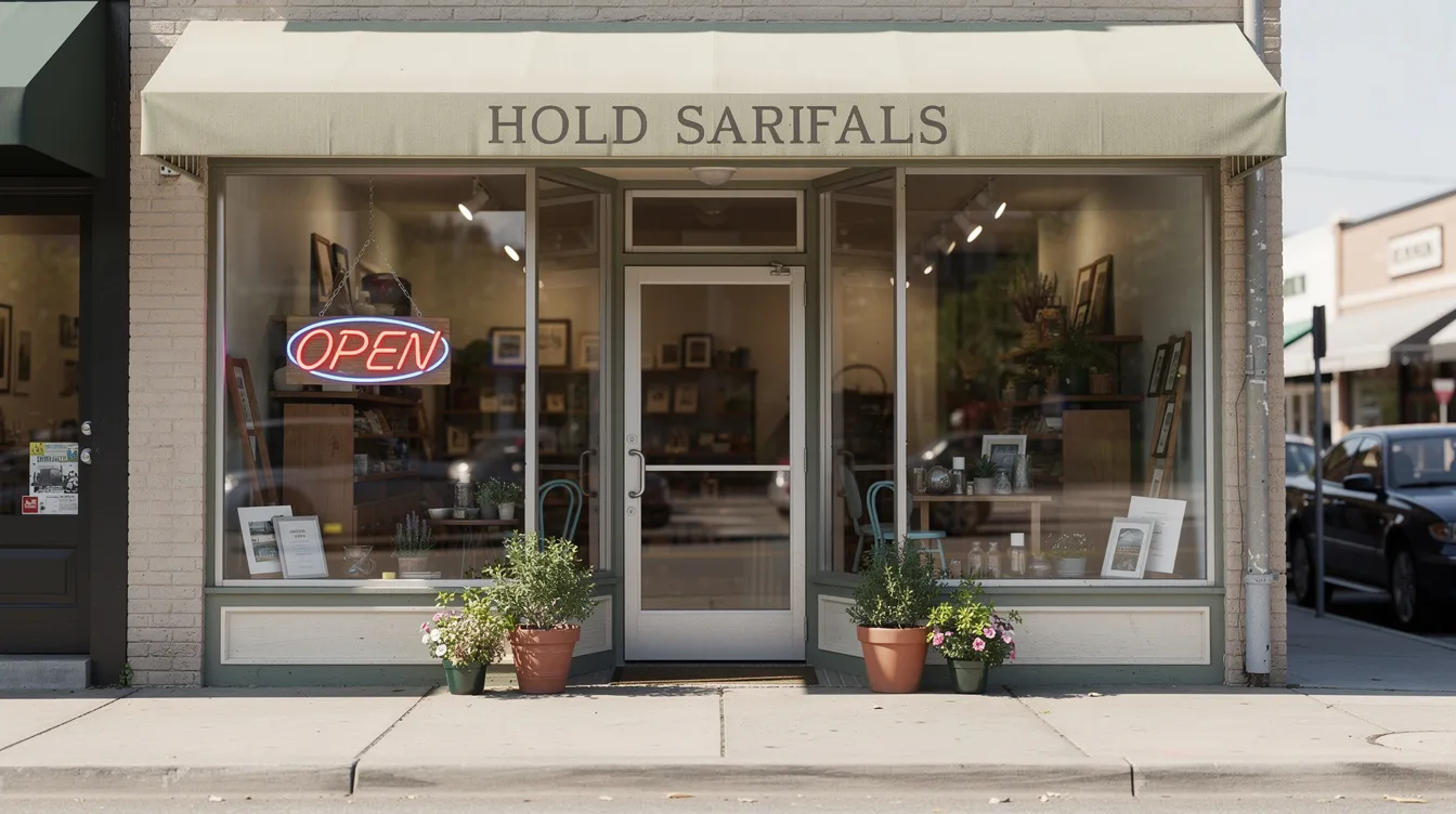 The image depicts a charming small business storefront featuring an "Open" sign prominently displayed in the window, inviting customers to enter. This local business aims to connect with consumers by providing essential information such as services offered, phone numbers, and a website for easy access.