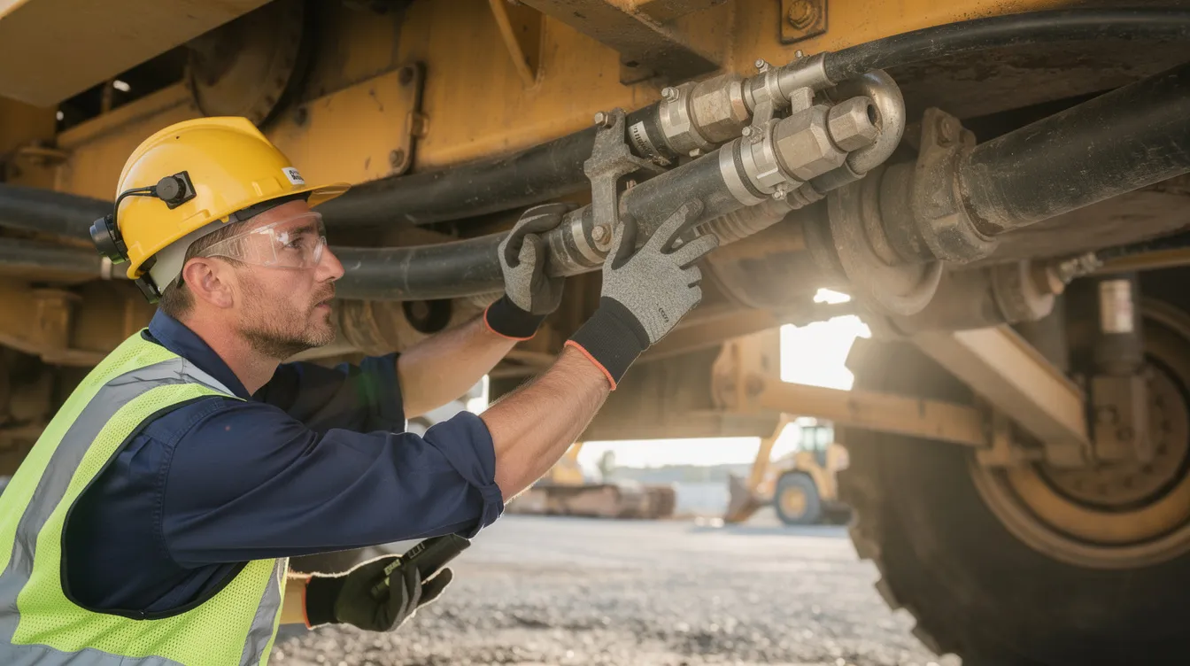 A close-up view shows a mechanic inspecting hydraulic hoses beneath a yellow wheel loader, emphasizing the importance of maintenance in the heavy equipment market. This image highlights the attention to detail necessary for ensuring the quality and reliability of used construction equipment.