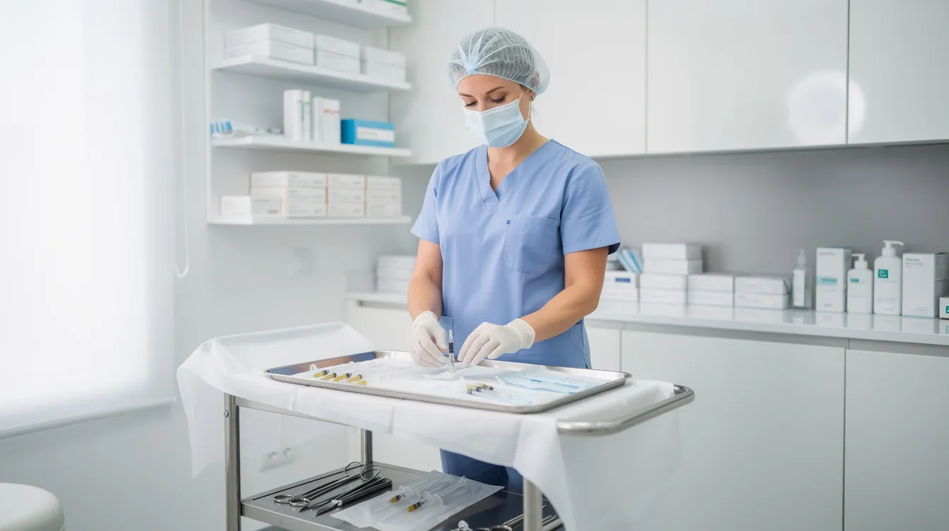 A clinician in a modern aesthetic clinic is preparing sterile supplies for a cosmetic procedure, possibly a non-surgical butt lift that utilizes dermal fillers to stimulate the body's natural collagen production. The clean and organized environment reflects a focus on safety and effective treatment plans for patients seeking to enhance their body contours with minimal downtime.