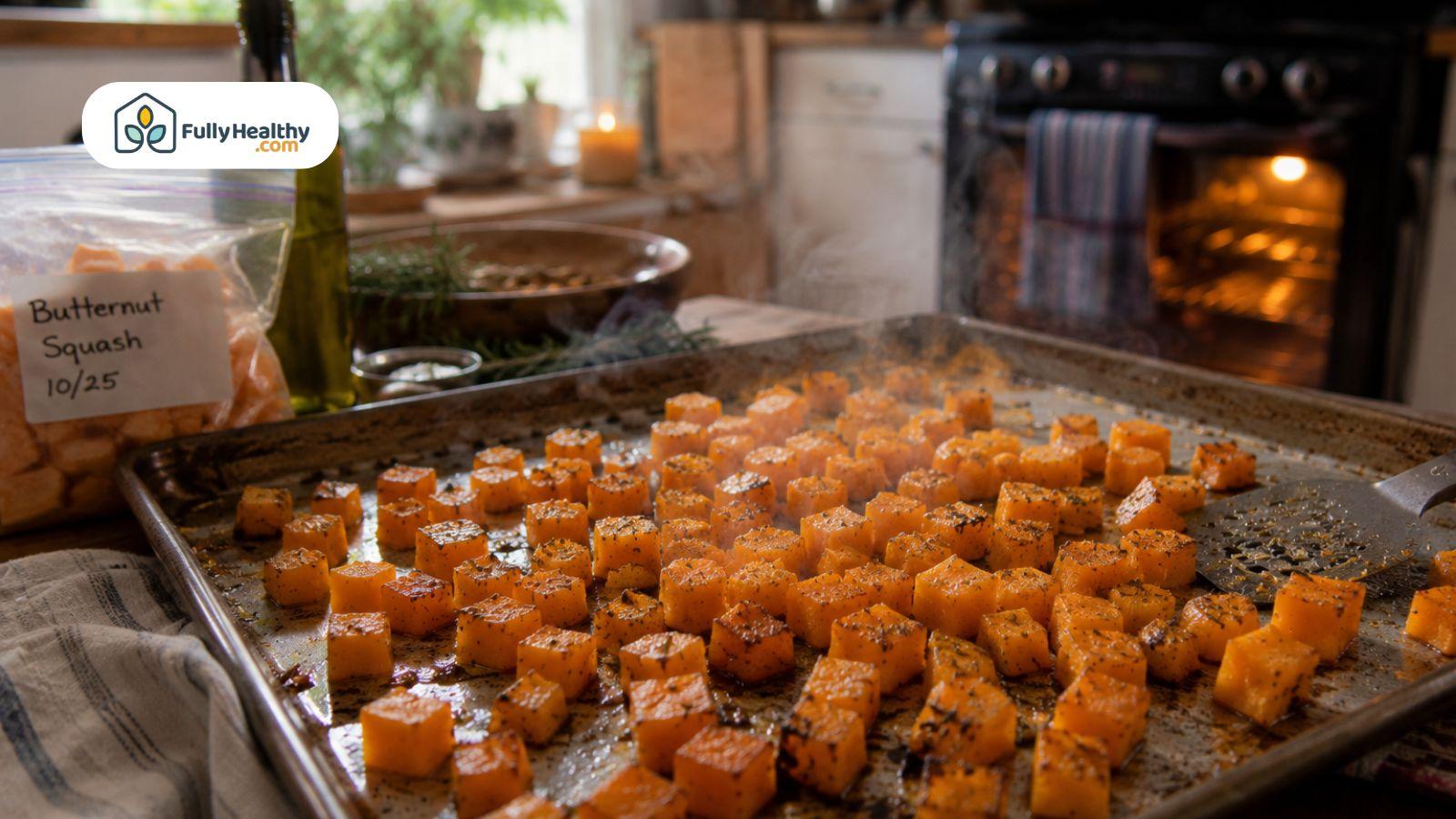 Roasted butternut squash cubes on baking sheet beside labeled freezer storage bags
