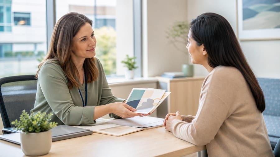 A patient discussing the chemotherapy price and financial assistance options with a healthcare financial navigator.