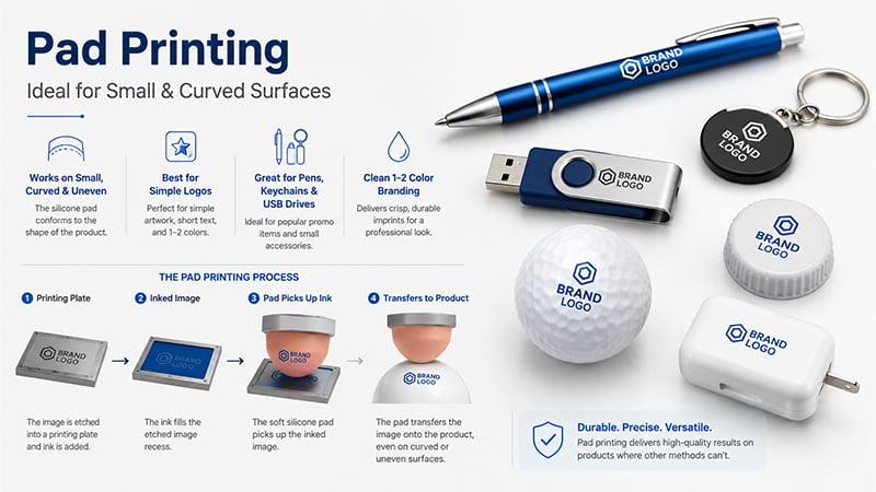 Pad printing method for small curved promotional products such as pens USB drives keychains bottle caps and golf balls