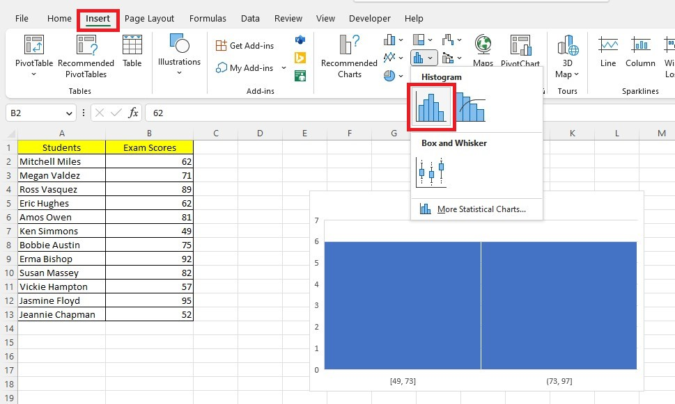 Navigate to the Insert tab, click the Insert Static Chart Drop-down menu, then select Histogram chart.