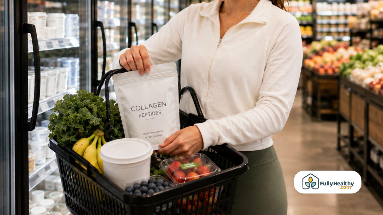 Woman shopping for collagen supplements, fresh produce, and healthy grocery essentials.