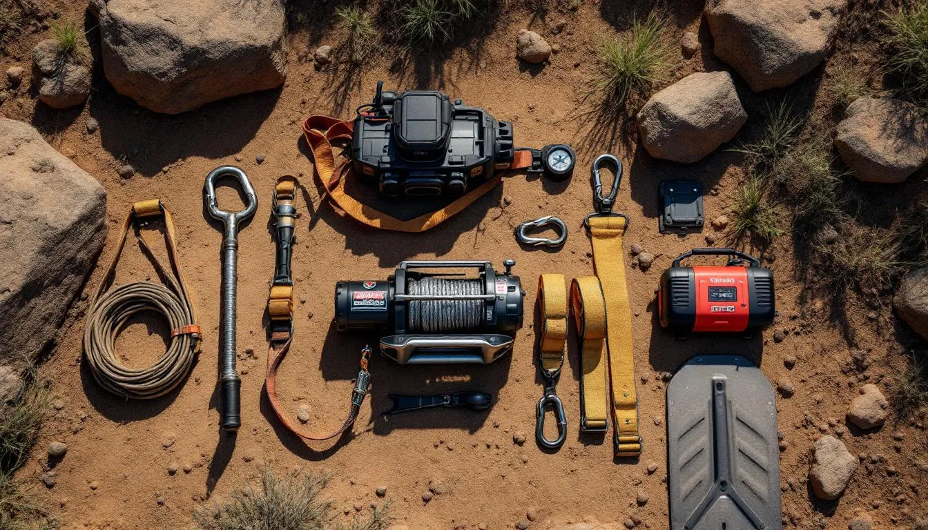 The image showcases a collection of offroad recovery gear, including a winch, various straps, and essential tools, all neatly laid out. This equipment is crucial for navigating challenging offroad trails and ensuring a safe adventure in rugged terrains.