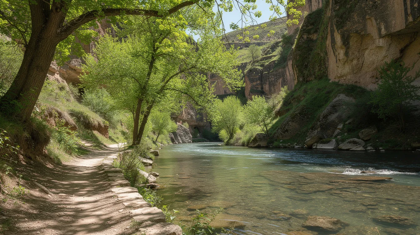 El cañón verde del Valle de Ihlara se muestra con un río serpenteante y un sendero rodeado de árboles frondosos, creando un paisaje natural ideal para el senderismo en Capadocia. Las formaciones rocosas y la vegetación ofrecen un entorno tranquilo y pintoresco para los visitantes que exploran esta región.