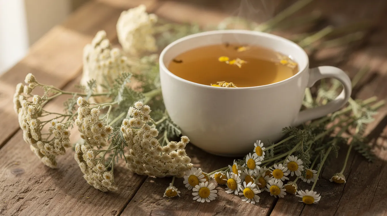 Une tasse de tisane est posée sur une table en bois, entourée de fleurs séchées d'achillée millefeuille et de camomille, des remèdes naturels souvent utilisés pour soulager les douleurs menstruelles et favoriser le bien-être pendant les règles. Cette composition évoque un moment de réconfort et de soin, idéal pour les femmes cherchant des solutions contre les règles douloureuses.