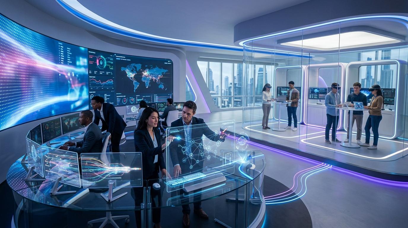 Modern cybersecurity and cloud management environment with administrators overseeing secure virtual workspaces while learners experiment safely in isolated cloud labs.