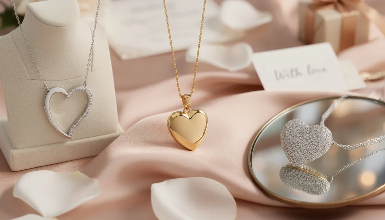 The image showcases a collection of heart necklaces, featuring various designs such as a classic silver heart pendant necklace, an open heart style, and a sparkling pavé heart. These elegant pieces are perfect as special gifts for loved ones on occasions like weddings or anniversaries, symbolizing affection and love.