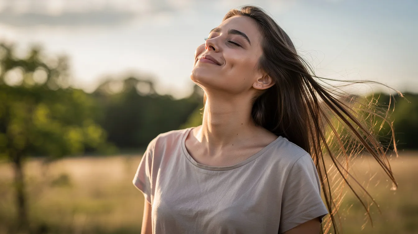 A woman stands outside, smiling and breathing deeply, exuding a sense of relief and freedom. Her body language reflects a moment of joy and connection with nature, suggesting a healthy relationship with herself and an emphasis on mental health.