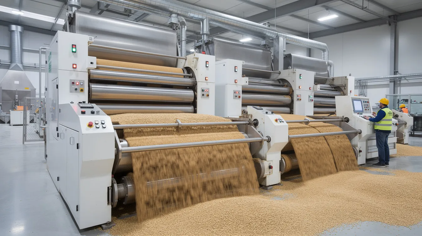 The image depicts a modern flour mill factory where industrial wheat grain is being processed through large steel roller milling equipment, highlighting the flour milling process essential for producing wheat flour. This scene represents an integral part of the flour mill project report, showcasing the machinery involved in transforming wheat into basic food ingredients.