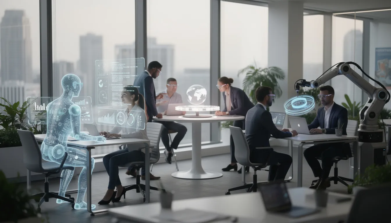The image depicts a futuristic office environment where humans and AI agents collaborate seamlessly across various workstations, showcasing advanced AI tools and features that enhance productivity and foster a growth mindset. The atmosphere reflects a harmonious relationship between team members and AI, emphasizing innovative solutions and the potential for new ideas in the workplace.
