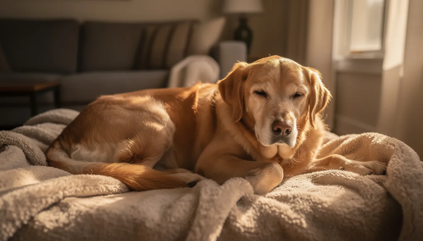 A senior golden retriever rests peacefully on a soft blanket, basking in the warm afternoon sunlight, embodying the unconditional love and comfort that a canine companion brings to a pet parent. This cozy scene highlights the importance of spending quality time together, ensuring the overall well-being of your furry friend.